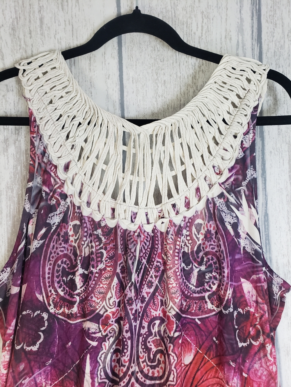 ONE WORLD Pink & Purple Sublimation Maxi Dress Crochet Straps Stretchy XL 1i - Picture 4 of 9